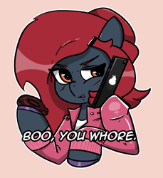 Size: 1004x1098 | Tagged: safe, artist:n-o-n, derpibooru import, oc, oc only, oc:jessi-ka, earth pony, pony, cellphone, clothes, donut, earth pony oc, female, food, mean girls, phone, simple background, solo, vulgar