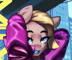 Size: 2181x1815 | Tagged: safe, artist:jedayskayvoker, derpibooru import, anthro, advertisement, bedroom eyes, blue eyes, blue lipstick, clothes, cropped, cyberpunk, ear piercing, femboy, implants, lipstick, looking at you, makeup, male, patreon, patreon preview, piercing, raised eyebrow, solo, stallion, trap