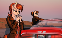 Size: 2884x1757 | Tagged: safe, artist:apocheck13, derpibooru import, oc, oc only, oc:elya, anthro, earth pony, car, cigarette, clothes, coat, desert, female, jacket, leather, leather jacket, lidded eyes, pontiac, pontiac firebird, pontiac trans am, short hair, smoking, sunset