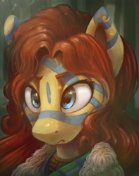 Size: 3224x4096 | Tagged: safe, artist:ryanmandraws, derpibooru import, oc, oc only, oc:brook ua redmane, equestria at war mod, bust, celtic, detailed, digital painting, dramatic, face paint, female, female oc, fur coat, portrait, red hair, scottish, solo