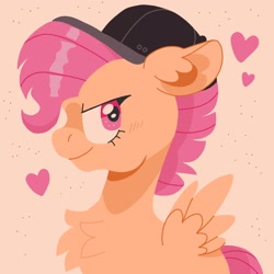 Size: 2048x2048 | Tagged: safe, artist:pastacrylic, derpibooru import, scootaloo, pegasus, pony, abstract background, baseball cap, cap, chest fluff, ear fluff, ears, female, filly, foal, hat, solo, spread wings, wings