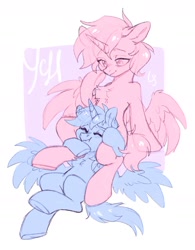 Size: 1668x2139 | Tagged: safe, artist:ls_skylight, derpibooru import, oc, alicorn, earth pony, pegasus, pony, unicorn, between legs, chest fluff, commission, sitting, snuggling, underhoof, wings, ych example, ych sketch, your character here