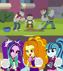 Size: 1280x1440 | Tagged: safe, derpibooru import, edit, edited screencap, screencap, adagio dazzle, aria blaze, diamond dudes, fido, rover, sonata dusk, spot, equestria girls, player piano, rainbow rocks, digging, female, fidazzle, male, rock, rovaria, shipping, shipping domino, shovel, smiling, speech bubble, spotnata, straight, the dazzlings