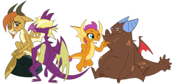 Size: 6830x3340 | Tagged: safe, artist:cheezedoodle96, artist:frownfactory, artist:qtmarx, artist:thesharp0ne, derpibooru import, edit, fume, ocellus, smolder, spear (dragon), changedling, changeling, dragon, dragon quest, she's all yak, .ai available, .svg available, absurd resolution, bhm, blushing, chaos is magic, clump, crack shipping, cute, diaocelles, disguise, disguised changeling, double date, dragon ocellus, dragoness, duo, fat, female, flying, fumcellus, hair over eyes, hand on knee, hand on leg, high res, looking at you, male, one eye closed, prehensile tail, rock, shipping, shy, simple background, sitting, smiling, smolderbetes, smolump, spread wings, straight, svg, tail, tail hold, teenaged dragon, transparent background, vector, vector edit, wings