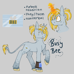 Size: 1000x1000 | Tagged: safe, artist:molars, derpibooru import, oc, oc only, oc:busy bee, pony, unicorn, fallout equestria, doodle, magic, nonbinary, pipbuck, reference sheet, solo