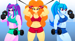Size: 3800x2100 | Tagged: safe, artist:xan-gelx, derpibooru import, adagio dazzle, aria blaze, sonata dusk, equestria girls, acardio dazzle, aria brute, aria buff, biceps, bodybuilder, clothes, dumbbell (object), female, gritted teeth, gym, gym uniform, muscles, muscular female, sweat, sweatdrops, swolenata dusk, teeth, the dazzlings, weight lifting, weights, workout, workout outfit