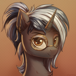 Size: 2000x2000 | Tagged: safe, artist:adagiostring, derpibooru import, oc, oc only, oc:nebula flare, unicorn, chest fluff, ear fluff, ear piercing, earring, ears, eyeshadow, female, freckles, glasses, horn, jewelry, makeup, mare, piercing, unicorn oc