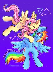 Size: 1506x2048 | Tagged: safe, artist:boxxycat_, derpibooru import, fluttershy, rainbow dash, pegasus, pony, cute, dashabetes, digital art, female, flutterdash, hug, hug from behind, lesbian, one eye closed, outline, shipping, shyabetes, signature, spread wings, wings