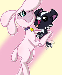 Size: 2500x3000 | Tagged: safe, artist:aryn, derpibooru import, pom lamb, dog, sheep, them's fightin' herds, bell, community related, hug, smiling, tail, tail wag