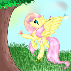 Size: 3152x3124 | Tagged: safe, artist:aquasky987, derpibooru import, fluttershy, pegasus, pony, eyelashes, female, mare, outdoors, rearing, solo, tree, wings