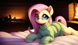 Size: 3072x1792 | Tagged: safe, derpibooru import, machine learning generated, fluttershy, pegasus, pony, bed, clothes, cute, female, fireplace, lying down, lying on bed, mare, novel ai, on bed, prone, solo, sweater, sweatershy