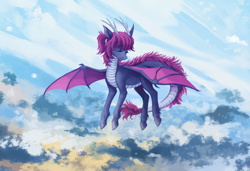 Size: 4500x3076 | Tagged: safe, artist:weird--fish, derpibooru import, oc, oc only, oc:scarlet rain, dracony, dragon, hybrid, original species, series:time's arrow, bat wings, commission, flying, horns, solo, wings