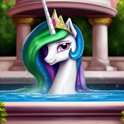 Size: 1024x1024 | Tagged: safe, derpibooru import, editor:dovakkins, generator:purplesmart.ai, generator:stable diffusion, machine learning generated, princess celestia, alicorn, pony, bathing, beautiful, bust, female, jewelry, looking at you, mare, regalia, smiling, solo, wet, wet mane