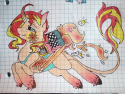 Size: 1030x776 | Tagged: safe, artist:durimelon, derpibooru import, part of a set, sunset shimmer, alicorn, alicornified, clothes, flying, graph paper, jetpack, leonine tail, leotard, race swap, shimmercorn, solo, tail, traditional art