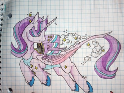 Size: 1030x776 | Tagged: safe, artist:durimelon, derpibooru import, part of a set, starlight glimmer, alicorn, alicornified, clothes, flying, graph paper, jetpack, leonine tail, leotard, race swap, solo, starlicorn, tail, traditional art