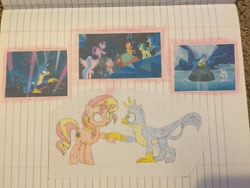 Size: 3264x2448 | Tagged: safe, artist:dupontsimon, derpibooru import, gallus, ocellus, sandbar, silverstream, smolder, sunset shimmer, yona, fanfic:magic show of friendship, equestria girls, what lies beneath, fanfic art, lined paper, student six, traditional art, tree of harmony