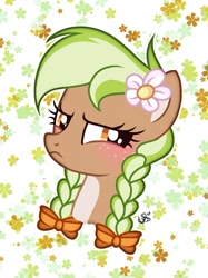 Size: 1080x1443 | Tagged: safe, artist:cstrawberrymilk, derpibooru import, oc, oc only, oc:sylvia evergreen, pegasus, pony, angry, blushing, bow, braid, braided pigtails, bust, cute, embarrassed, female, flower, flower in hair, freckles, frown, hair bow, hair tie, madorable, mare, pegasus oc, pigtails, portrait, solo, wings