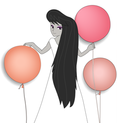 Size: 838x887 | Tagged: safe, artist:hakdurbin, derpibooru import, octavia melody, human, equestria girls, balloon, clothes, dress, long hair, looking at you, looking back, looking back at you, simple background, smiling, smiling at you, wedding dress, white background