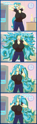 Size: 1550x5125 | Tagged: safe, artist:gunpowdergreentea, derpibooru import, allie way, anthro, unicorn, 4 panel comic, bedroom eyes, big breasts, breasts, busty allie way, cartoon physics, chest fluff, clothes, comic, dialogue, eyes closed, female, hammerspace, high res, huge breasts, huge hair, impossibly large breasts, loose hair, mare, one eye closed, pants, polo shirt, solo, talking to viewer