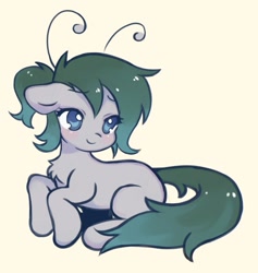 Size: 1151x1214 | Tagged: safe, artist:horseyuris, derpibooru import, oc, oc only, pony, antennae, lying down, smiling, solo