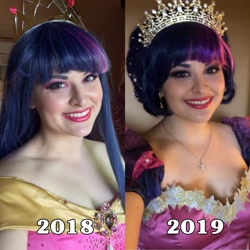 Size: 2289x2289 | Tagged: safe, artist:shelbeanie, derpibooru import, twilight sparkle, human, babscon, babscon 2018, babscon 2019, clothes, comparison, coronation dress, cosplay, costume, dress, irl, irl human, photo