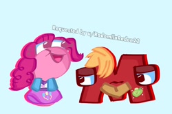 Size: 1800x1200 | Tagged: safe, artist:maddeleineishere, derpibooru import, big macintosh, pinkie pie, alphabet lore, blue background, clothes, cosplay, costume, crossover, dress, duo, female, lidded eyes, m, male, no more ponies at source, open mouth, p, simple background, tongue, tongue out, wig