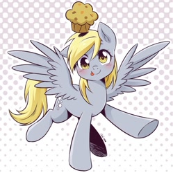 Size: 706x709 | Tagged: safe, artist:nekoshiei, derpibooru import, seven seas, derpy hooves, pegasus, pony, my little pony: the manga, abstract background, cute, derpabetes, female, food, mare, muffin, obligatory muffin, one ear down, solo, tongue, tongue out