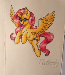 Size: 2796x3242 | Tagged: safe, artist:dankpegasista, derpibooru import, fluttershy, pegasus, blue eyes, cutie mark, friendly, long hair, pencil drawing, photo, pink hair, spread wings, traditional art, wings, yellow fur