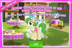 Size: 1964x1298 | Tagged: safe, derpibooru import, earth pony, pony, bandana, cajun ponies, clothes, ear piercing, earring, english, female, gameloft, jewelry, mare, official, piercing, shirt, solo, solo focus, spring green, table, text