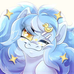 Size: 2000x2000 | Tagged: safe, artist:kwiateko, derpibooru import, oc, oc only, earth pony, pony, blue mane, chibi, commission, cute, golden eyes, icon, one eye closed, simple background, smiling, solo, sparkles, wink