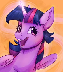 Size: 1400x1600 | Tagged: safe, artist:pikseruwu, derpibooru import, twilight sparkle, twilight sparkle (alicorn), alicorn, pony, bust, glowing, glowing horn, horn, open mouth, open smile, portrait, smiling, solo