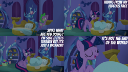 Size: 4400x2475 | Tagged: safe, derpibooru import, edit, edited screencap, editor:quoterific, screencap, spike, twilight sparkle, twilight sparkle (alicorn), alicorn, molt down, bed, spike's room, twilight's castle