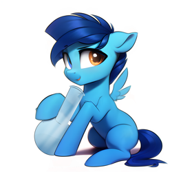 Size: 2048x2048 | Tagged: safe, artist:japkozjad, derpibooru import, machine learning generated, oc, oc only, oc:apply, pegasus, pony, adorable face, blue mane, bong, cute, drugs, heterochromia, marijuana, pegasus oc, shading, simple background, smiling, solo, spread wings, white background, wings