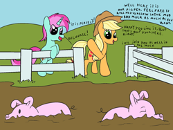 Size: 1000x750 | Tagged: safe, artist:amateur-draw, derpibooru import, oc, oc:belle boue, earth pony, pig, pony, unicorn, female, fence, hat, mammal, mare, mud, pig pen, text