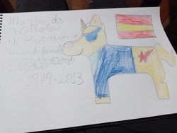 Size: 4000x3000 | Tagged: safe, artist:super coyote 1804, derpibooru import, pony, unicorn, clothes, eyepatch, flag, formula 1, maria de villota, memorial, pencil drawing, photo, ponified, shirt, solo, spain, traditional art