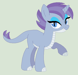 Size: 396x379 | Tagged: safe, artist:sarabeanadopts, derpibooru import, oc, oc only, dracony, hybrid, unicorn, base used, claw hooves, eyeshadow, female, green background, horn, interspecies offspring, looking at you, makeup, mare, offspring, parent:rarity, parent:spike, parents:sparity, simple background, slit eyes, smiling, smiling at you, solo, unnamed oc