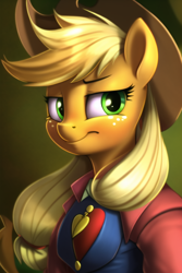 Size: 512x768 | Tagged: safe, derpibooru import, machine learning generated, applejack, anthro, earth pony, applejack's hat, clothes, cowboy hat, hat, lidded eyes, looking back, smiling, solo