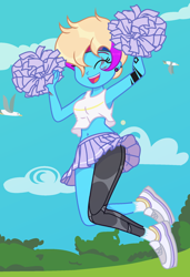 Size: 1412x2064 | Tagged: safe, artist:c1trine, artist:yaya54320bases, derpibooru import, oc, oc only, oc:machiko, equestria girls, amputee, armpits, belly button, bush, cheerleader, cheerleader outfit, clothes, cloud, commission, ear piercing, earring, equestria girls-ified, eye scar, eyes closed, facial scar, female, headband, jewelry, midriff, open mouth, piercing, pom pom, prosthetic leg, prosthetic limb, prosthetics, scar, shoes, skirt, sky, sneakers, socks, solo, tanktop, tattoo, ych result