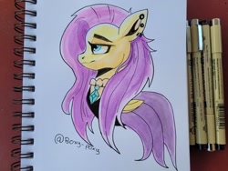 Size: 2048x1536 | Tagged: safe, artist:poxy_boxy, derpibooru import, fluttershy, pegasus, pony, bust, clothes, dress, ear piercing, earring, female, fluttergoth, jewelry, mare, piercing, profile, signature, solo, traditional art