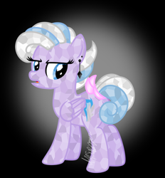 Size: 502x540 | Tagged: safe, artist:feather_bloom, derpibooru import, oc, oc:silver haze(kaitykat), crystal pony, pegasus, pony, bow, crystallized, displeased, ear piercing, earring, grumpy, jewelry, piercing, solo, tail, tail bow, the crystal empire 10th anniversary