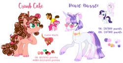 Size: 2983x1528 | Tagged: safe, artist:mint-light, artist:vernorexia, derpibooru import, fleur-de-lis, rarity, oc, oc only, earth pony, pony, unicorn, accessories, adoptable, adoptable open, base used, cake, choker, cinnamon, color palette, colored hooves, curly hair, cutie mark, eyeshadow, female, fleurity, food, for sale, freckles, fusion, glasses, hair accessory, hair bun, heart shaped glasses, jewelry, lesbian, long mane, magical lesbian spawn, makeup, multicolored mane, necklace, next generation, offspring, parent:cheese sandwich, parent:fleur-de-lis, parent:pinkie pie, parent:rarity, parents:fleurity, shipping, simple background, sunglasses, tall, white background