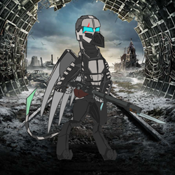 Size: 4214x4218 | Tagged: safe, artist:l.scratch, artist:somber, derpibooru import, oc, oc:storm, griffon, armor, dead space, gun, metro, solo, weapon