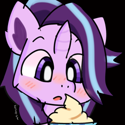 Size: 1250x1250 | Tagged: safe, artist:just loq, derpibooru import, starlight glimmer, unicorn, black background, blushing, cupcake, cute, food, glimmerbetes, open mouth, simple background, solo