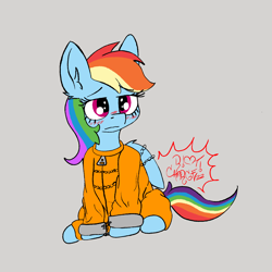 Size: 1400x1400 | Tagged: safe, artist:riotcharge, derpibooru import, rainbow dash, pegasus, pony, blushing, bound wings, chains, clothes, cuffs, prison outfit, prisoner, prisoner rd, solo, wings