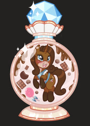 Size: 757x1055 | Tagged: safe, artist:stardust-pony, derpibooru import, oc, oc:chocolate delight, pony, unicorn, apron, blushing, candy, chocolate, clothes, commission, female, food, lidded eyes, mare, open mouth, perfume, perfume bottle, solo, ych result