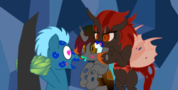 Size: 1260x640 | Tagged: safe, derpibooru import, oc, oc:fade, oc:princess amanita, changeling, changeling queen, earth pony, blue lipstick, blushing, bondage, brown changeling, canon x oc, changeling slime, eiffel, female, fetish, heart, heart eyes, kissing, lipstick, lipstick fetish, male, open mouth, open smile, red changeling, show accurate, smiling, stallion, wingding eyes