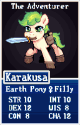 Size: 640x995 | Tagged: safe, artist:hikkage, derpibooru import, oc, oc only, oc:karakusa, earth pony, pony, animated, bag, blinking, boots, female, filly, foal, game menu, mouth hold, pose, saddle bag, shoes, stats, sword, weapon