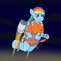 Size: 1000x1000 | Tagged: safe, artist:phallen1, derpibooru exclusive, derpibooru import, rainbow dash, anthro, unguligrade anthro, bound wings, breasts, clothes, colored sketch, determined, effort shitposting, epic, escape, flying, jetpack, leotard, manacles, missing cutie mark, night, prison outfit, prisoner rd, rainboob dash, shitposting, sky, wings