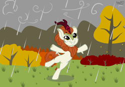 Size: 5175x3589 | Tagged: safe, artist:ironm17, derpibooru import, autumn blaze, kirin, absurd resolution, bipedal, cloud, cloudy, cute, female, kirinbetes, rain, smiling, solo, tree