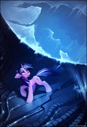 Size: 1956x2840 | Tagged: safe, artist:ramiras, derpibooru import, twilight sparkle, unicorn twilight, pony, unicorn, fanfic:stardust, concerned, crossover, ears, earth, fanfic art, floppy ears, frown, looking up, solo, x-com